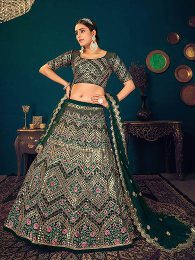 Dark Green Sequins Georgette Net Wedding Wear Lehenga Choli
